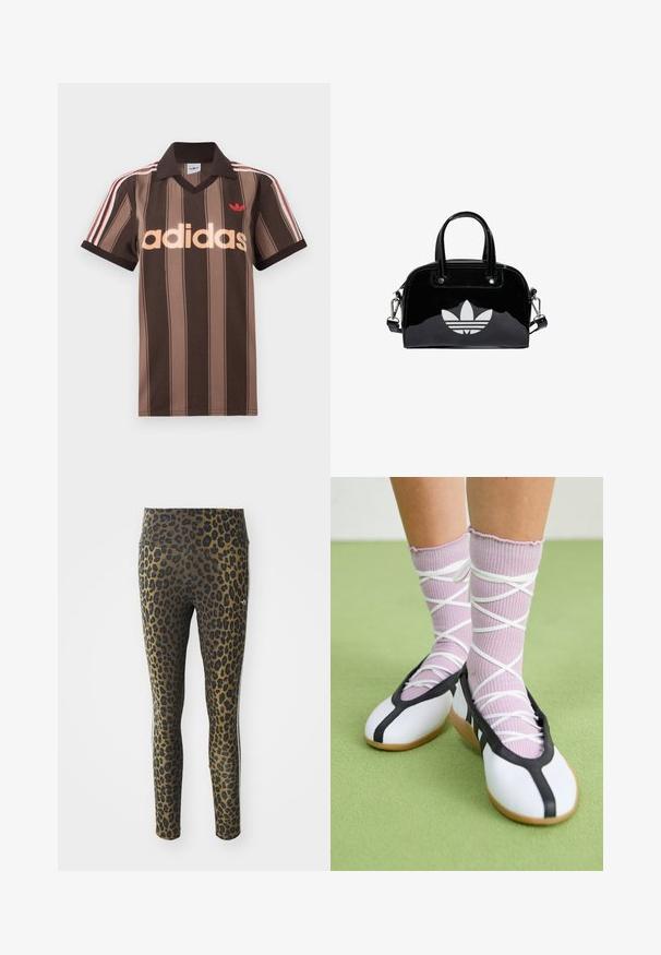 Hnedé prúžkované polo tričko Adidas s výstrihom do V, bordovým golierom a červeným logom. Má bielo-červené pruhy na ramenách a krátke rukávy.; Legíny s leopardím vzorom s vysokým pásom, elastickou tkaninou a čiernymi akcentmi na svetlohnedom podklade, navrhnuté pre pohodlie a prispôsobenie.; Nohy v rebrovaných levanduľových ponožkách s bielymi krížovými pásmi v kombinácii s bielymi baletnými papučkami s čiernym lemom na zelenej podlahe.; Čierna lakovaná kožená kabelka s okrúhlym tvarom, dvojitými hornými rúčkami, striebornými akcentmi a výrazným bielym logom na prednej strane.