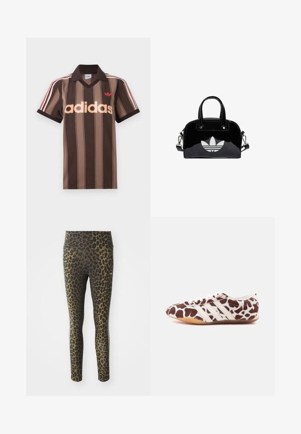 Hnedé prúžkované polo tričko Adidas s výstrihom do V, bordovým golierom a červeným logom. Má bielo-červené pruhy na ramenách a krátke rukávy.; Legíny s leopardím vzorom s vysokým pásom, elastickou tkaninou a čiernymi akcentmi na svetlohnedom podklade, navrhnuté pre pohodlie a prispôsobenie.; Nízky teniska s hnedo-bielym vzorom kožušiny žirafy a bielymi koženými pruhmi, zobrazená z profilu na bielom pozadí.; Čierna lakovaná kožená kabelka s okrúhlym tvarom, dvojitými hornými rúčkami, striebornými akcentmi a výrazným bielym logom na prednej strane.