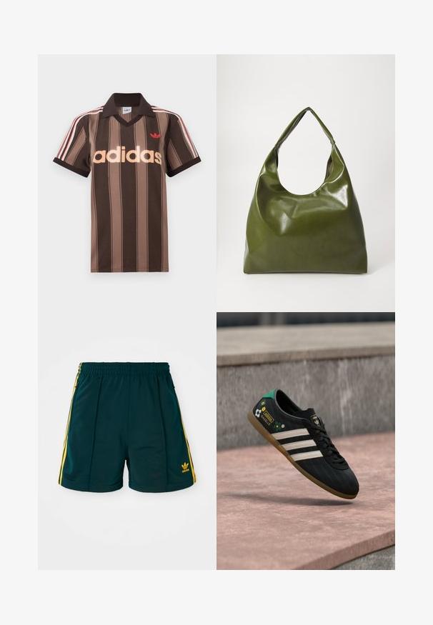 Brunstribet Adidas polo-shirt med V-hals, bordeaux krave og rødt logo. Har hvide og røde skulderstriber samt korte ærmer.; Mørkegrønne sportsshorts med elastisk talje, prydet med gule sidelister og et broderet gult logo på underbenet.; Sort atletiksko med hvide striber, mønstret overdel med blomsterdetaljer og en grøn hæl. Gummisål, der giver godt greb.; Grøn læder hobo taske med en slouchy design, buet håndtag og glat tekstur. Indeholder ingen synlig hardware eller accenter.