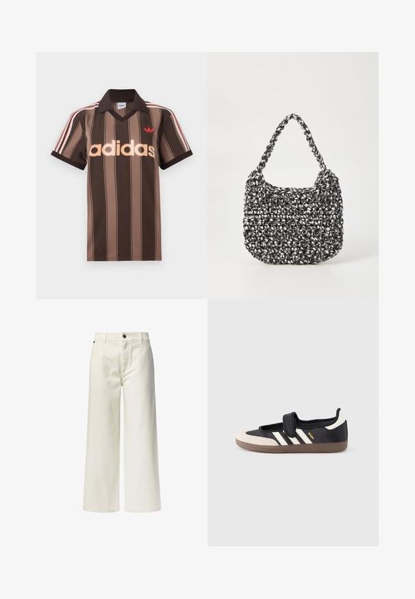 Polo Adidas marrón con rayas, cuello en V, cuello burdeos y logo rojo. Presenta rayas blancas y rojas en los hombros, mangas cortas.; Pantalones blancos de pierna ancha hechos de algodón, con bolsillos frontales, cierre de botón y un diseño limpio y sin adornos.; Zapatilla negra y beige con una correa de velcro, tres rayas blancas en el lateral y una suela de goma marrón texturizada. Logotipo de la marca visible.; Bolso de mano tejido en blanco y negro con forma redondeada, superficie texturizada y asa trenzada. Adecuado para uso casual.