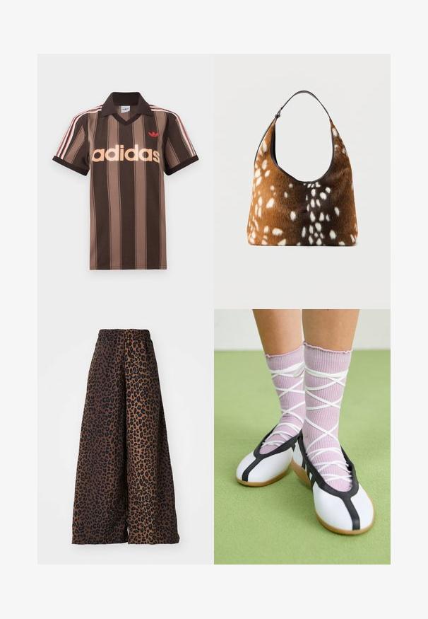 Bruine gestreepte Adidas polo met V-hals, bordeauxrode kraag en rood logo. Heeft witte en rode schouderstrepen, korte mouwen.; Wijdvallende broek van gladde stof, met een bruine achtergrond en een zwart panterprintpatroon, en een elastische tailleband.; Benen met geribbelde lavendelkleurige sokken met witte kruisbanden, gecombineerd met witte ballerina's met zwarte bies op een groene vloer.; Bruine en zwarte handtas met witte, gevlekte bonttextuur en een enkele zwarte schouderriem op een effen achtergrond.