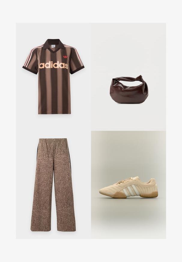 Καφέ ριγέ πόλο μπλουζάκι Adidas με V-λαιμόκοψη, μπορντό γιακά και κόκκινο λογότυπο. Διαθέτει λευκές και κόκκινες ρίγες στους ώμους, κοντά μανίκια.; Καφέ παντελόνια φαρδιάς γραμμής με μπεζ ζωικό φλοράλ σχέδιο, ελαστική μέση και αντίθετες μαύρες πλευρικές ρίγες. Μαλακή υφή υφάσματος.; Μπεζ σουέντ αθλητικό παπούτσι με λευκές ρίγες και υφή σόλας από καουτσούκ, πλαϊνή όψη σε ουδέτερο φόντο.; Σκούρα καφέ δερμάτινη τσάντα ώμου με μαλακό, χαλαρό σχήμα και λαβή με στριμμένο κόμπο σε απλό λευκό φόντο.