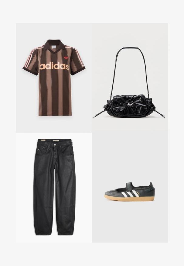 Hnedé prúžkované polo tričko Adidas s výstrihom do V, bordovým golierom a červeným logom. Má bielo-červené pruhy na ramenách a krátke rukávy.; Čierne denimové džínsy so širokým strihom, obsahujúce predné vrecká, zapínanie na gombík a hladkú textúru. Tkanina vyzerá robustne.; Čierne kožené a zamšové tenisky s Velcro pásikom, s tromi bielymi pruhmi a gumenou podrážkou, označené nápisom "SAMBA" na boku.; Čierna kožená kabelka s nariaseným dizajnom a mašľovým detailom na prednej strane. Má krátku rúčku a strieborné kovové doplnky.