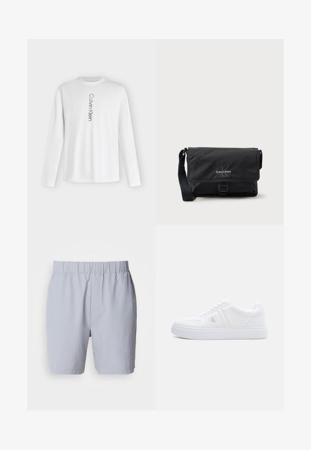 Hvid langærmet crewneck-trøje med lodret "Calvin Klein"-logo trykt i sort ned langs midten foran.; Lysegrå badebukser med elastisk talje, to sidelommer og et glat, letvægtsstof. Ingen synlige mønstre eller udsmykninger.; Hvid lavtsiddende sneaker med struktureret stof, snørelukning, flad sål og subtilt "cK"-logo på sidepanelet.; Sort messenger-taske lavet af holdbart stof med klaplukning, frontspænde og Calvin Klein-logo i sølv. Justerbar rem inkluderet.