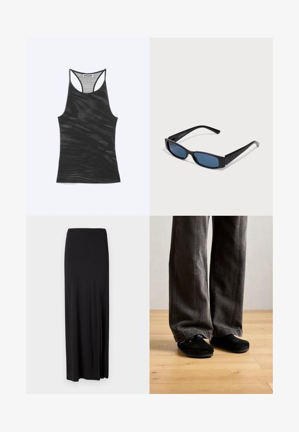 Camiseta sin mangas negra con espalda racer, con un patrón ondulado sutil y etiqueta "WEEKDAY" cosida en el interior del escote.; falda maxi negra hecha de un material suave y elástico. Cuenta con una abertura lateral y un diseño simple y estilizado sin adornos.; Persona vestida con pantalones sueltos de color gris oscuro y zapatos negros sin cordones, de pie sobre un suelo de madera clara contra una pared lisa.; Gafas de sol negras con una elegante montura rectangular y lentes azules. Presentan una textura suave y varillas resistentes. Logo de la marca en el costado.