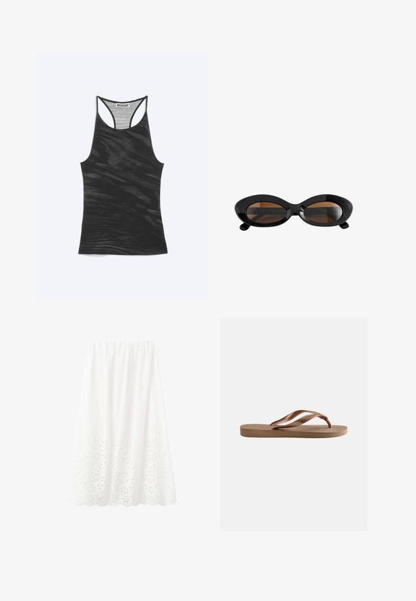 Zwarte racerback tanktop met subtiel golvend patroon en "WEEKDAY" label genaaid aan de binnenkant van de halslijn.; Witte midi-rok met elastische tailleband en bloemen eyelet borduurwerk langs de geschulpte zoom.; Enkele beige teenslipper met een gestructureerde zool en merknaam op het bandje, op een effen lichte achtergrond.; Zwarte ovale zonnebril met dikke monturen en bruin getinte lenzen, afgebeeld tegen een witte achtergrond.