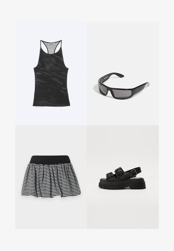 Zwarte racerback tanktop met subtiel golvend patroon en "WEEKDAY" label genaaid aan de binnenkant van de halslijn.; Zwart-wit gestreepte rok met een geraffineerd ontwerp en een elastische tailleband, gemaakt van zacht materiaal. Heeft een uitlopende vorm voor extra volume.; Zwarte plateau-sandalen met drie verstelbare gespbanden, een gestructureerde zool en een gladde bovenkant. Ontworpen met een stevige, chunky silhouet.; Zwarte zonnebril met een glanzende afwerking, rondom ontwerp en grijze lenzen. Beschikt over branding op de arm en een stevig montuur.