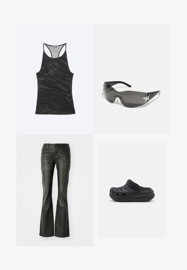 Débardeur noir à dos nageur avec un motif ondulé subtil et une étiquette "WEEKDAY" cousue à l'intérieur de l'encolure.; Jean flare en simili cuir noir avec poches avant, fermeture à bouton métallique et surface légèrement texturée. Jambe droite avec une coupe longue.; Sabot en caoutchouc noir avec des rainures de ventilation, un talon surélevé et une sangle ajustable. Texture lisse et forme arrondie.; Lunettes de soleil noires avec un design enveloppant, verres teintés foncés, accents brillants en forme d'étoile et plaquettes de nez ajustables.