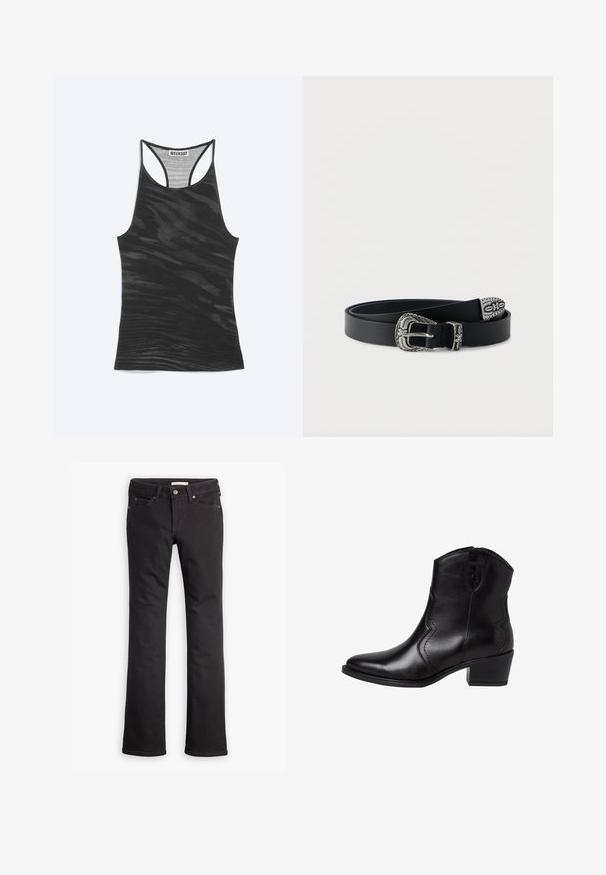 Zwarte racerback tanktop met subtiel golvend patroon en "WEEKDAY" label genaaid aan de binnenkant van de halslijn.; Zwarte jeans van denim, met een recht toelopende pijp, standaard taille, vijf zakken en subtiele stiksels.; Zwarte leren enkellaarsjes met een spitse neus, gebogen zijkanten en een lage blokhak. Voorzien van een ritssluiting en een gladde textuur.; Zwarte leren riem met sierlijke zilveren gesp, lus en uiteinde voorzien van bloemrijke en decoratieve gravures, opgerold op een witte achtergrond.