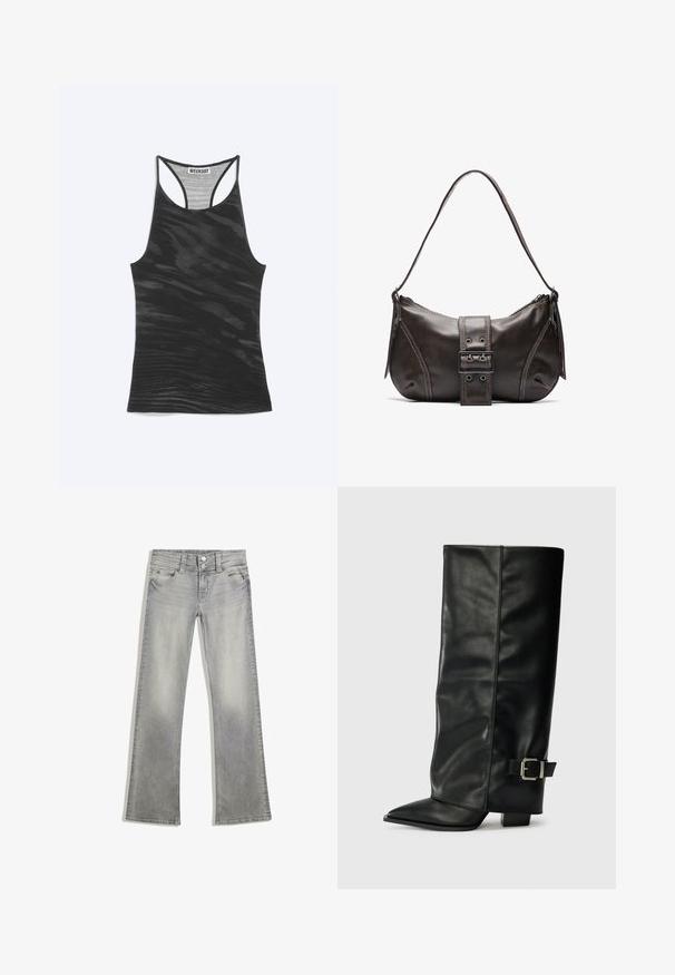 Zwarte racerback tanktop met subtiel golvend patroon en "WEEKDAY" label genaaid aan de binnenkant van de halslijn.; Grijze denim flared jeans met een vervaagde afwerking, voorzien van een knoopsluiting, vijf zakken en gestikte details langs de tailleband en zoom.; Zwarte leren enkellange laarzen met een spitse neus, een gladde textuur en een zilveren gesps Accent aan de zijkant. Stevige vierkante hak.; Bruine leren schoudertas met een gebogen vorm, voorzien van een opvallende gespdetail, contrasterende stiksels en een enkele schouderband.