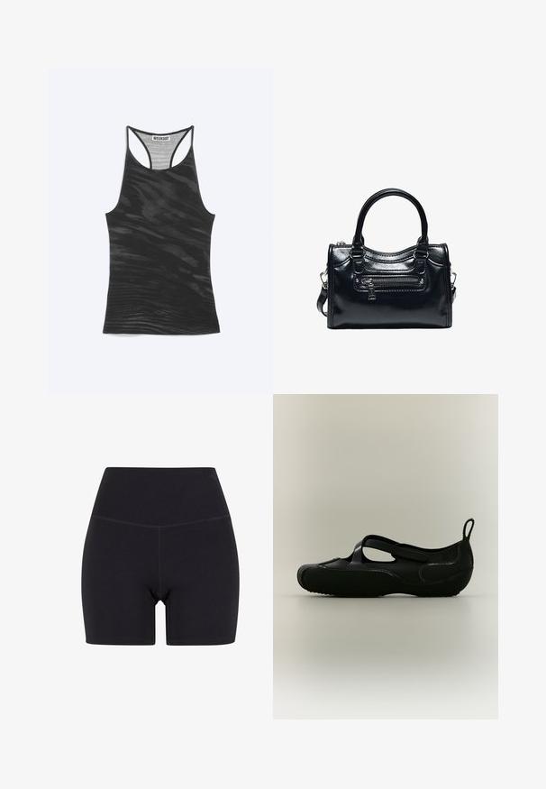 Sort racerback tanktop med subtilt bølgemønster og "WEEKDAY" label syet ind i halsudskæringen.; Sorte højtaljede shorts lavet af strækbart stof. Har en elastisk talje, glat tekstur og midt på låret længde med et sømløst design.; Sort flad sko med lukket tå, udskæring på siden, rem over vristen og trækflig ved hælen.; Sort skinnende læderhåndtaske med to håndtag, lynlåslomme foran og aftagelig skulderrem på hvid baggrund.