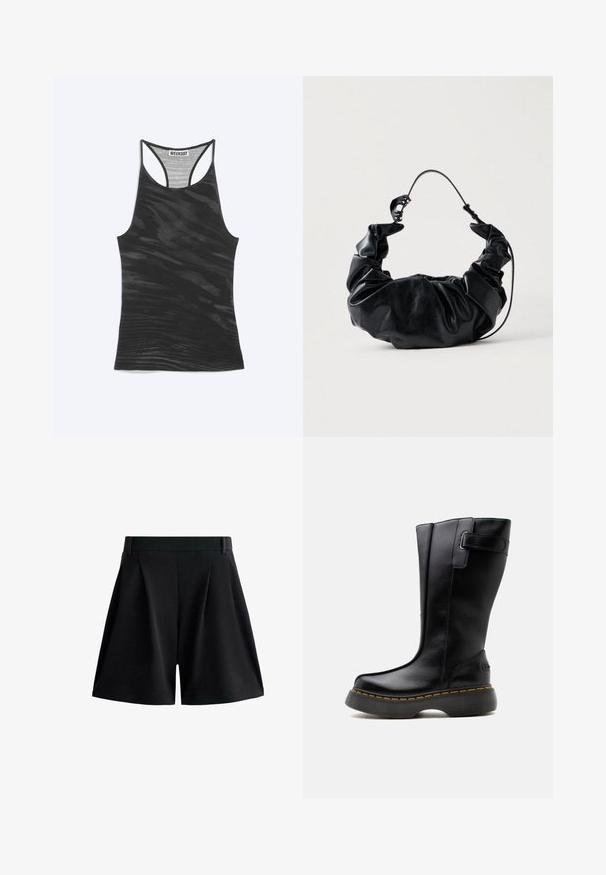 Débardeur noir à dos nageur avec un motif ondulé subtil et une étiquette "WEEKDAY" cousue à l'intérieur de l'encolure.; Shorts noirs taille haute ajustés avec passants de ceinture et plis, caractérisés par une coupe à jambes larges et un ourlet simple.; Botte haute en cuir noir avec semelle épaisse et coutures jaunes, dotée d'une sangle et d'une boucle près du haut, sur un fond clair uni.; Sac à main en simili cuir noir avec un design doux et froncé et une poignée flexible, présentant une texture lisse et un subtil éclat.