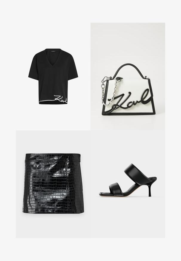 T-shirt noir à col en V en coton avec des manches courtes, présentant une signature blanche brodée à l'ourlet. Coupe décontractée et texture lisse.; Pochette noire en vinyle brillant avec un motif crocodile, texture lisse et fermeture éclair sur le dessus. Forme rectangulaire compacte.; Sandale mule en cuir noir avec deux larges brides et un talon stiletto fin de hauteur moyenne sur un fond clair uni.; Sac à main en cuir blanc avec des accents noirs, arborant un logo noir emblématique. Il présente une forme structurée et une bandoulière en chaîne argentée.
