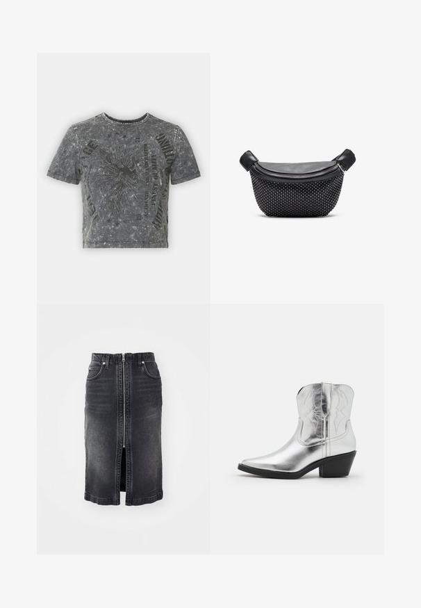 Graues, kurzes T-Shirt mit strukturierter Oberfläche, featuring ein schwarzes Grafikdesign und bedrucktem Text, kurze Ärmel und runder Ausschnitt.; Schwarzer Denim-Rock mit einem Reißverschluss vorne, zwei Seitentaschen, mittellanger Design und dezentem Verblassen. Verfügt über einen geraden Schnitt und gesäumte Kanten.; Silberne Leder-Cowboystiefel mit spitz zulaufender Zehenpartie, gestickten Details am Schaft und einem moderaten schwarzen Absatz. Glatte und glänzende Oberfläche.; Schwarze Handtasche mit einer glatten Lederoberfläche und einem strukturierten Boden, der mit silbernen Nieten bedeckt ist. Sie verfügt über einen Reißverschluss und zwei Griffe.