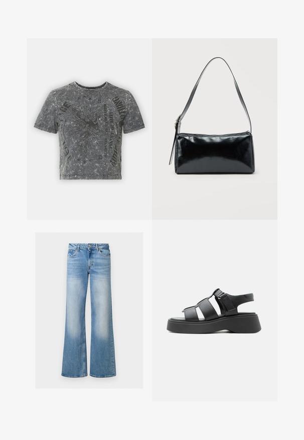Camiseta corta gris con un acabado texturizado, que presenta un diseño gráfico negro y texto impreso, mangas cortas y un escote redondo.; Jeans de mezclilla azul claro acampanados con una textura desteñida, cintura alta y diseño de cinco bolsillos, con cierre de botón y cremallera.; Sandalia de plataforma negra con tres tiras anchas, correa ajustable en el tobillo y suela gruesa, mostrada de perfil sobre un fondo blanco.; Bolso de hombro rectangular negro con una correa ajustable y un cierre de cremallera superior sobre un fondo liso.