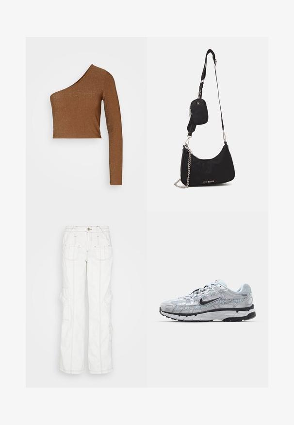 Pieces PCSALINE CROPPED ONE SHOULDER - Top s dlhým rukávom - toasted coconut; BDG Urban Outfitters Džínsy voľného strihu - white; Tenisky Nike P-6000 s vrchným materiálom z jemnej šedej sieťoviny, čiernymi akcentmi a odolnou čiernou gumovou podrážkou. Obsahujú jemný dizajn a systém šnurovania.; Čierna nylonová taška cez rameno so zakriveným tvarom, strieborným reťazovým akcentom, odnímateľnou mini taškou a nastaviteľným popruhom; má logo "Steve Madden".