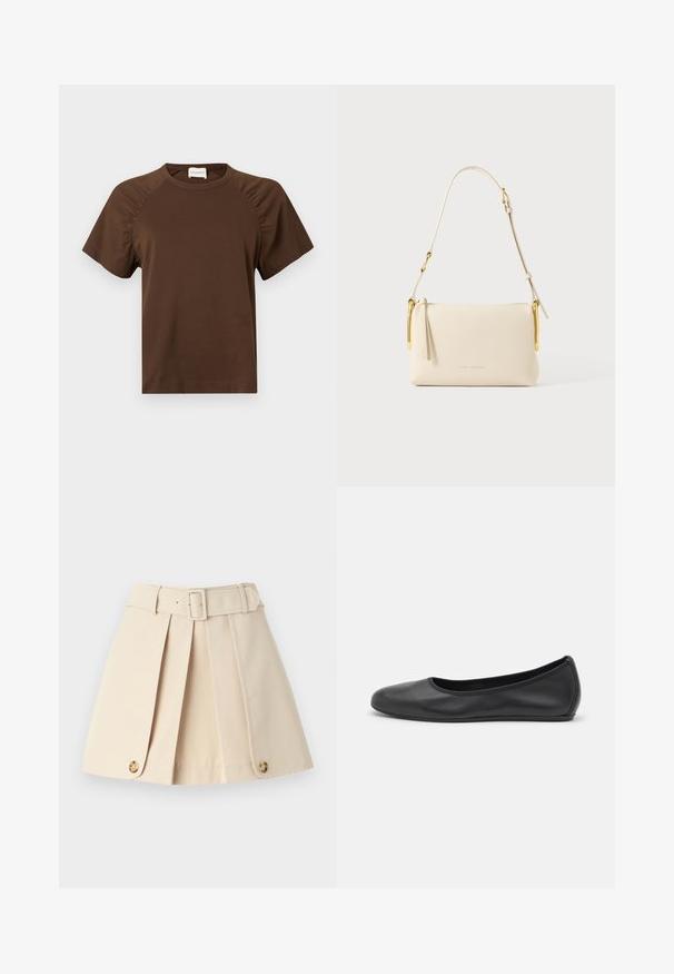 Brun kortærmet t-shirt med rund halsudskæring og rynkede detaljer på ærmerne. Har et diskret præget logo på den nederste front.; Beige plisseret nederdel med tætsiddende talje, brede bæltestropper og knapdetaljer i kanten. Fremstillet af glat, let materiale.; Sort læderballetsko med rund tå, glat tekstur, minimal syning og et fleksibelt såldesign.; Rektangulær cremefarvet håndtaske med justerbar rem og gyldne metalaccents, med et diskret Marc Jacobs-logo på fronten.