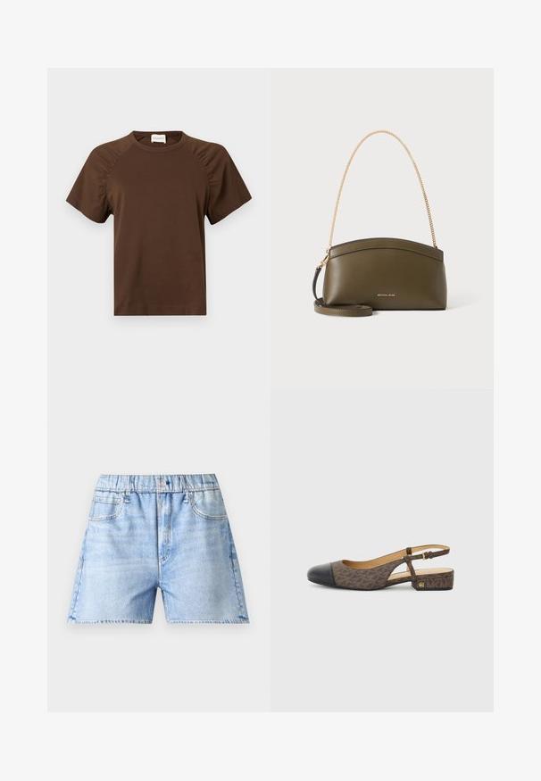 Bruine t-shirt met korte mouwen, een ronde halslijn en geplooide details op de mouwen. Voorzien van een subtiel reliëflogo aan de onderkant voorkant.; Lichtblauwe denim shorts met elastische tailleband, knoopsluiting, voorzakken en subtiele vervaging.; Slingback schoen met een bruine gestreepte stoffen bovenkant en een zwarte leren neus. Heeft een kleine blokhak en een gespstrap.; Olijfgroene Michael Kors-handtas met gouden kettingschouderband, gebogen bovenkant en klein goud logo aan de voorkant, getoond tegen een witte achtergrond.