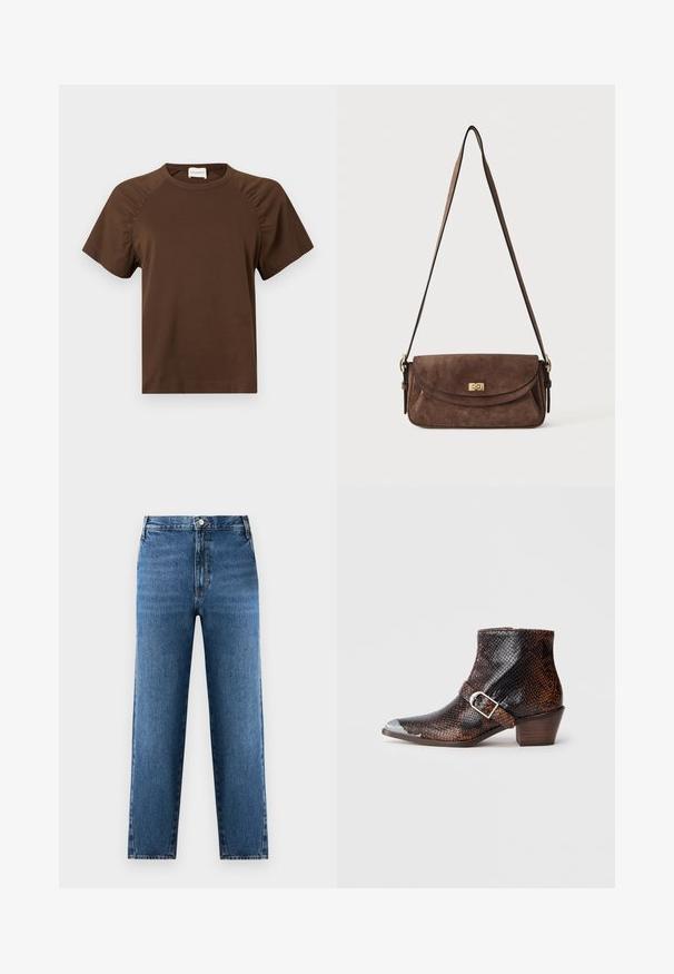 T-shirt marron à manches courtes avec un col rond et des détails froncés sur les manches. Présente un logo en relief subtil sur le bas devant.; Jean droit bleu à taille haute, fabriqué en denim. Présente une fermeture à bouton et zip à l'avant, avec un léger délavage sur le tissu.; Bottines à imprimé serpent noir et brun avec un embout en métal argenté, accent de boucle et un petit talon en bois. Texture lisse, design ajusté.; Sac bandoulière en daim marron avec une longue sangle réglable et une fermeture à tour dorée sur le rabat avant.