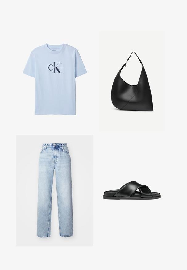 T-shirt bleu clair à manches courtes avec un grand logo "cK" noir et "Calvin Klein" blanc centré sur le devant.; Jeans taille haute bleu clair avec une coupe ample, mettant en avant des jambes droites, cinq poches et une fermeture classique à boutons et zip.; Sandales en cuir noir présentant des lanières croisées, une semelle plate, une texture lisse et un design minimaliste. Aucun matériel ou motif visible.; Sac à épaule en cuir noir avec forme triangulaire incurvée, une seule sangle ajustable, et une couture diagonale visible à l'avant.