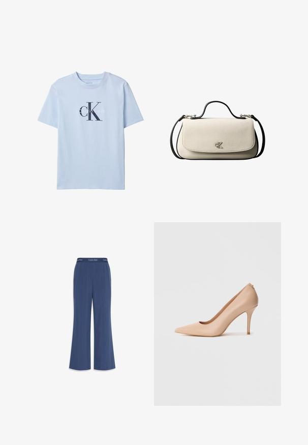 Hellblaues T-Shirt mit kurzen Ärmeln, auf der Vorderseite mittig ein großes schwarzes "cK" und das weiße "Calvin Klein"-Logo.; Marinefarbene weite Hosen aus weichem Stoff mit glatter Textur. Mit einem elastischen Bund, der mit dem "Calvin Klein"-Logo am oberen Rand versehen ist.; Beiger Leder-Pumps mit spitzer Spitze, glatter Textur und schmalem Stiletto-Absatz. Minimalistisches Design mit Schlupfverschluss.; Cremefarbene, rechteckige Handtasche mit schwarzem Riemen und Griff, vordere Klappe als Verschluss und kleinem silbernem "cK"-Logo in der Mitte vorne.