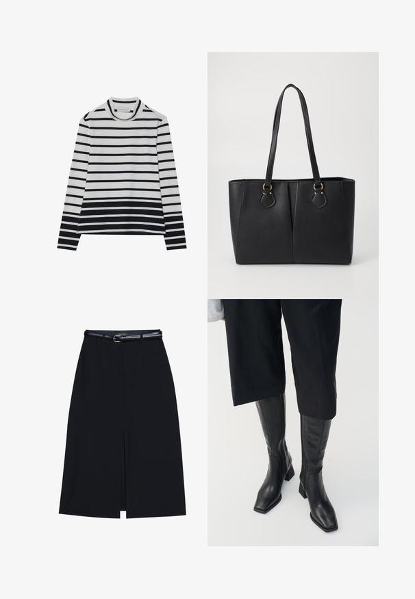 T-shirt à manches longues en coton, présentant des rayures horizontales noires et blanches, un col montant haut et une coupe décontractée avec des fentes sur les côtés.; Jupe noire à mi-cuisse avec une fente frontale, fabriquée en tissu lisse. Comprend une fine ceinture noire avec une boucle en argent et des passants.; Bottes en cuir noir arrivant au genou avec un bout carré et un talon bloc. Elles présentent une fermeture éclair sur le côté et une texture lisse.; Sac fourre-tout noir en simili cuir avec une finition texturée, deux longues poignées et des accents en métal doré sur le côté. Shape rectangulaire.