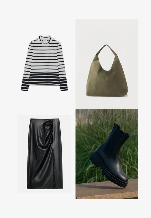 T-shirt à manches longues en coton, présentant des rayures horizontales noires et blanches, un col montant haut et une coupe décontractée avec des fentes sur les côtés.; Jupe en cuir noir avec une texture lisse, présentant une section froncée sur un côté et une fente sur le côté pour un détail supplémentaire.; Bottes chevilles en cuir noir au design épuré, bout arrondi, panneaux latéraux élastiques et semelles en caoutchouc épaisses et texturées.; Sac à bandoulière en cuir souple vert olive avec une large sangle unique et une forme décontractée et non structurée sur un fond clair.