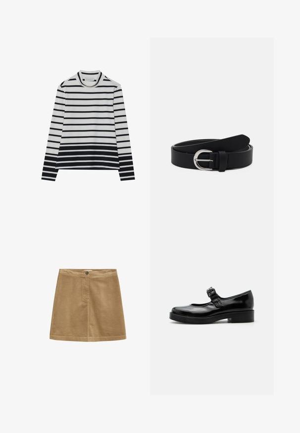 Langærmet bluse lavet af bomuld, med vandrette sorte og hvide striber, en høj mock neck og en afslappet pasform med sidesplits.; Brun fløjl mini nederdel med knaplukning, der har en vertikal ribbet tekstur og et enkelt design. Kanten er lige og velafgrænset.; Sort laklæder Mary Jane-sko med rund tå, lav blokhæl og justerbar spænde-rem over vristen.; Sort læderbælte med en sølv rund spænde, flad design, spids ende, glat tekstur og minimalistisk stil.