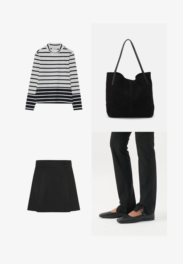 T-shirt à manches longues en coton, présentant des rayures horizontales noires et blanches, un col montant haut et une coupe décontractée avec des fentes sur les côtés.; Jupe plissée noire avec une taille structurée. Fabriquée à partir d'un tissu texturé, elle présente des plis distincts et un ourlet droit.; Jambes vêtues d’un pantalon slim noir avec des fentes à l’avant de l’ourlet, assorties à des chaussures plates Mary Jane noires avec une petite bride à boucle.; Sac fourre-tout en suède noir avec deux longues anses en cuir plates. Présente un bord supérieur incurvé et des coutures visibles sur le devant. Pas d'accents en métal.