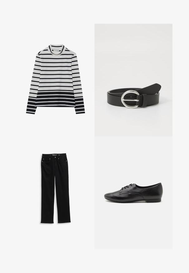 Langærmet bluse lavet af bomuld, med vandrette sorte og hvide striber, en høj mock neck og en afslappet pasform med sidesplits.; Sorte denimjeans med lige ben, der har knappelukning, fem lommer og diskrete syninger langs sømmene.; Sorte lædersko med snørebånd, glat overflade, rund tå, lav hæl og enkelt design. Sidebillede der fremhæver den slanke form og syninger.; Sort læderbælte med en rund sølvspænde, glat overflade og et enkelt design. Remmen er justerbar med en spidse ende.
