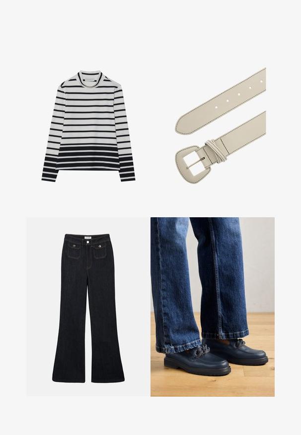 Langärmliges Oberteil aus Baumwolle, mit horizontalen schwarz-weißen Streifen, hohem Stehkragen und einer entspannten Passform mit seitlichen Schlitzen.; Schwarze, ausgestellt geschnittene Jeans aus Denim mit hoher Taille, zwei Fronttaschen und orangefarbenen Nähten. Das Material wirkt robust und glatt.; Dunkelblaue Leder Schuhe mit einer massiven Sohle und Kettendetails auf dem Obermaterial, kombiniert mit lockeren, dunkelblauen Jeans.; Beiger Ledergürtel mit genähten Kanten, rechteckiger Metallschnalle und fünf Einstelllöchern am Riemen.