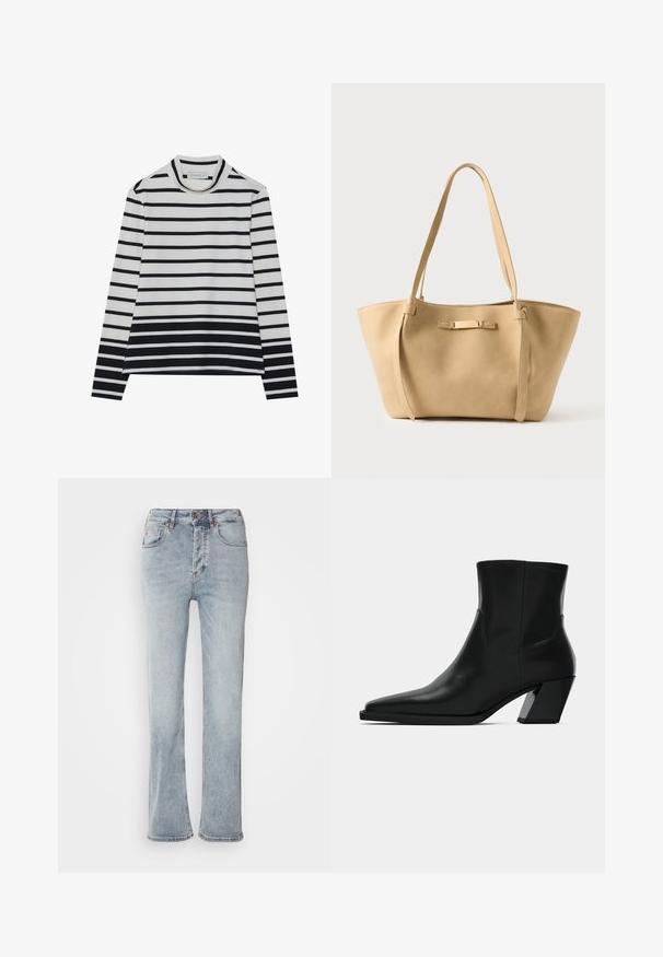 Langärmliges Oberteil aus Baumwolle, mit horizontalen schwarz-weißen Streifen, hohem Stehkragen und einer entspannten Passform mit seitlichen Schlitzen.; Helle blaue Denim-Jeans mit hoher Taille, geradem Bein-Design und leichtem Schlag am Saum. Mit gestickten Akzenten und einem Reißverschluss.; Schwarze Leder-Stiefelette mit spitzem Zeh, schlanker Silhouette und klobigem quadratischem Absatz. Glatte Textur mit minimalen Nähdetails.; Beige Leder-Shopper mit zwei langen Trägern, glatter Oberfläche und einem dezenten Metallakzent auf der Vorderseite. Offenes Oberteil, geräumiges Innenfach.