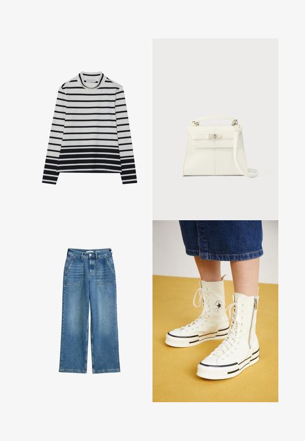 Langærmet bluse lavet af bomuld, med vandrette sorte og hvide striber, en høj mock neck og en afslappet pasform med sidesplits.; Højhalsede, brede bukser i blå denim med frontlommer, bæltestropper og lukning med frontknap og lynlås.; Hvide høj-top sneakers med lynlåslukning, snørresystem og sorte striber på en tyk sål. Tekstureret kanvasmateriale.; Hvid læderhåndtaske med en struktureret form, top håndtag, aftagelig skulderrem og en sølv spænde lukning. Glat tekstur, minimalistisk design.