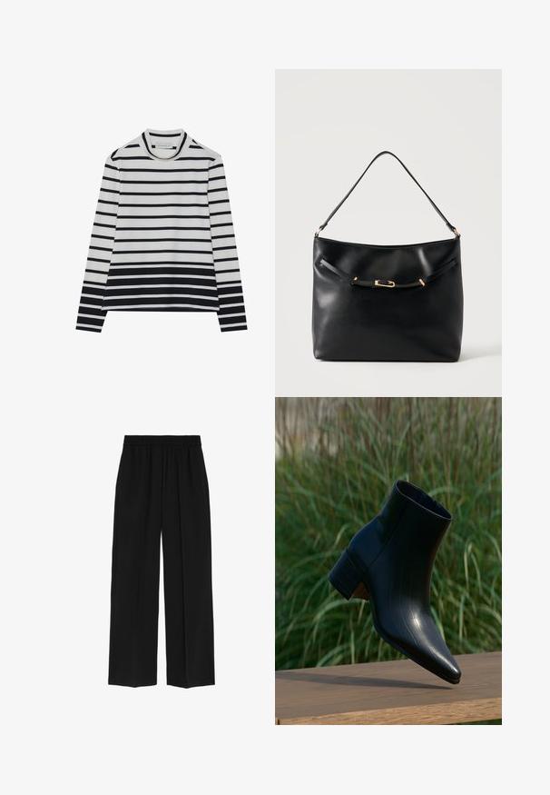 Langærmet bluse lavet af bomuld, med vandrette sorte og hvide striber, en høj mock neck og en afslappet pasform med sidesplits.; Marks & Spencer WIDE LEG - Bukser - black; Sort læderankelstøvle med spids tå og blokhæl, hvilende på træoverflade, høj grøn græs i baggrunden.; Sort skuldertaske i læder med en enkel strop og en lille guldlåsdetalje foran mod en ensfarvet lys baggrund.