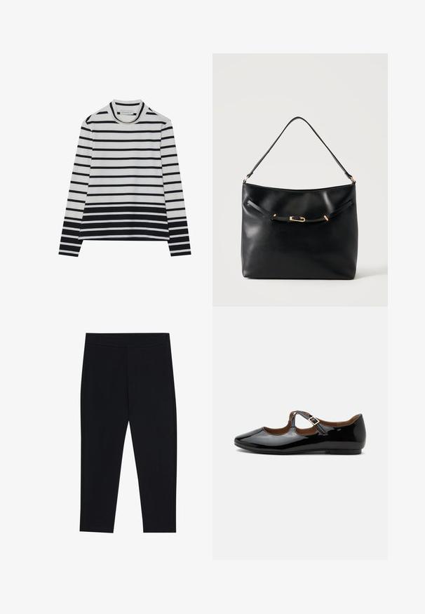 Langærmet bluse lavet af bomuld, med vandrette sorte og hvide striber, en høj mock neck og en afslappet pasform med sidesplits.; Sorte leggings lavet af strækbart stof, med en elastisk talje og en glat tekstur. Ingen synlige mønstre eller hardware-detaljer.; Sort laklæder Mary Jane-flad sko med to udskæringer og en guldbuckelrem på hvid baggrund.; Sort skuldertaske i læder med en enkel strop og en lille guldlåsdetalje foran mod en ensfarvet lys baggrund.