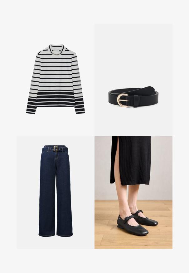 Langærmet bluse lavet af bomuld, med vandrette sorte og hvide striber, en høj mock neck og en afslappet pasform med sidesplits.; Mørkeblå, vide denimbukser med stiklommer og et matchende bælte med en stor rektangulær guldspænde.; Sorte læder Mary Jane flade sko med en lille hæl, der har en rund tå og en sidelukning. Den strukturerede design forbedrer det visuelle indtryk.; Sort læderbælte med en guld metalspænde, flad tekstur og en enkelt ring; har en glat overflade og minimal design.