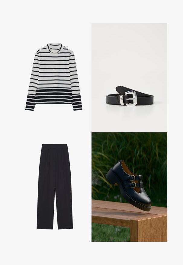 Top de manga larga hecho de algodón, con rayas horizontales en blanco y negro, un cuello alto tipo mock y un corte relajado con aberturas laterales.; Pantalones anchos negros de tela suave, con pliegues, cinturilla plana y sin bolsillos ni adornos visibles.; Zapato negro de cuero con doble hebilla y detalles perforados flotando sobre un banco de madera al aire libre con césped verde y plantas al fondo.; Cinturón de cuero negro con una hebilla de metal plateado, con una textura suave y un diseño limpio y minimalista.