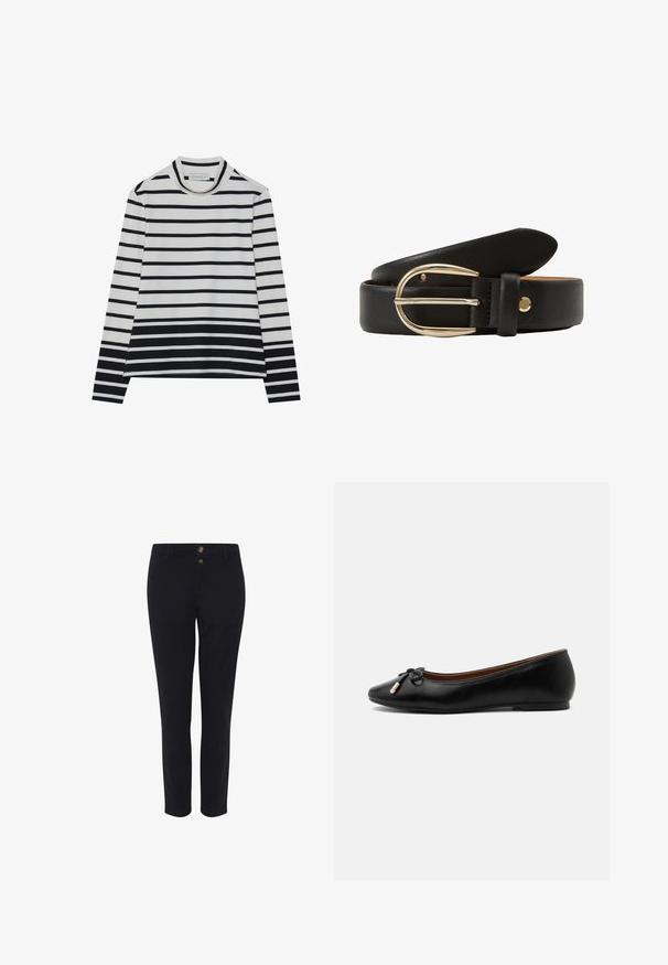 T-shirt à manches longues en coton, présentant des rayures horizontales noires et blanches, un col montant haut et une coupe décontractée avec des fentes sur les côtés.; Pantalons noirs sur mesure en tissu mélangé coton, avec deux boutons à l'avant, une coupe droite et une texture lisse. Aucun motif visible.; Ballerine plate en cuir noir avec un bout arrondi, un petit nœud aux extrémités dorées et un talon plat et bas sur fond gris.; Ceinture en cuir noir avec une texture lisse, dotée d'une boucle en métal doré et d'un design comprenant une ardillon et un passant.