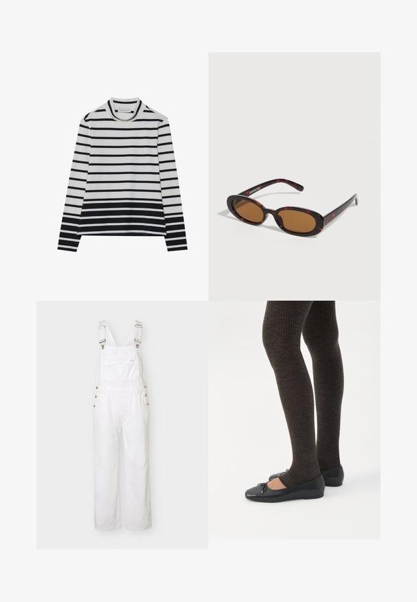 T-shirt à manches longues en coton, présentant des rayures horizontales noires et blanches, un col montant haut et une coupe décontractée avec des fentes sur les côtés.; Salopette en denim blanc avec bretelles réglables, poche poitrine avant, boutons latéraux et jambes larges et droites, présentée sur un fond uni.; Jambes portant des leggings côtelés foncés associés à des ballerines noires avec de petits détails en nœud sur fond blanc.; Lunettes de soleil ovales en écaille avec des verres teintés marron et des branches fines reposant sur une surface blanche.