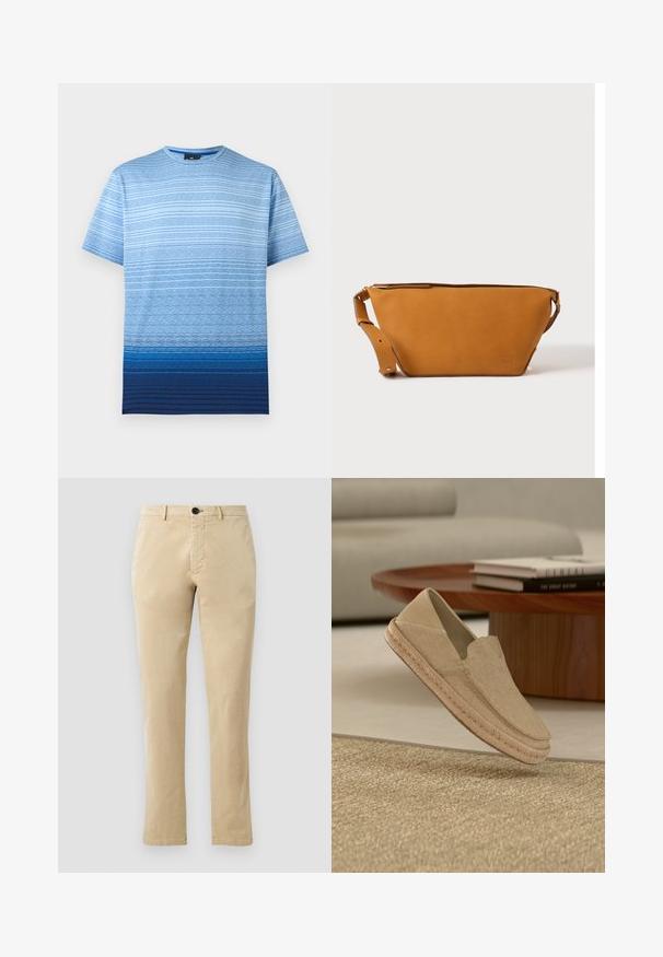 Blauw T-shirt met een verlopende kleur en horizontale strepen in verschillende blauwtinten. Gemaakt van katoen met een ronde hals en korte mouwen.; Beige katoenen chinos met een rechte pijp, voorzien van een voorknopsluiting en subtiele stiksels. Gladde textuur en geen patronen.; Beige geweven instapschoen met gevlochten zool zweeft boven een gestructureerd tapijt, een houten ronde tafel en gestapelde boeken in een kamer met neutrale tinten.; Lichtbruine leren crossbodytas met verstelbare band en ritssluiting, getoond tegen een effen lichte achtergrond.