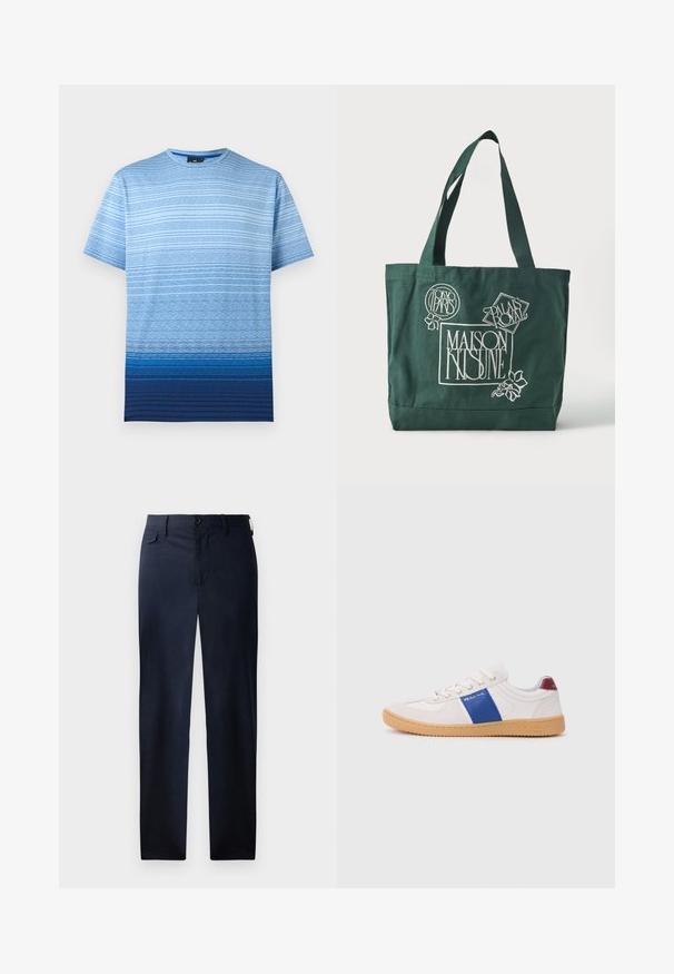 Blaues Gradient-T-Shirt mit horizontalen Streifen in verschiedenen Blautönen. Hergestellt aus Baumwolle, mit Rundhalsausschnitt und kurzen Ärmeln.; Marineblau, gerade geschnittene Hose aus glattem Stoff. Mit Reißverschluss, Knopfverschluss und einer dezenten Seitentasche. Keine sichtbaren Muster.; Weißer Sneaker mit blauen Streifen, Gummisohle und leichter Textur. Mit weißem Branding an der Seite und einem roten Akzent an der Ferse.; Dunkelgrüne Tragetasche mit breiten Griffen und weißem grafischem Text: "Maison Kitsuné", "Tokyo Paris" und "Palais Royal" mit floralen Akzenten.