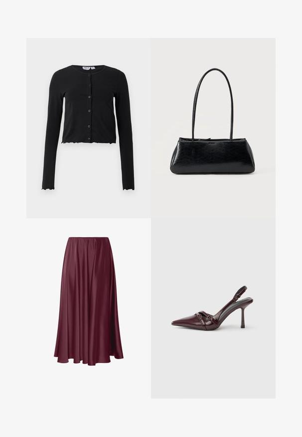 Sort, cropped cardigan lavet af blødt stof med lange ærmer, en rund halsudskæring og fem knaplukninger i front. Kantet med et bølget design.; Bordeaux gulvlængde nederdel lavet af glat, blankt stof med et flydende design og elastisk talje. Ingen mønstre eller accenter til stede.; Bourgogne laklæder slingback-hæl med spids tå, tynd ankelrem og lille dekorativ spænde. Glat tekstur og høj hæl.; Sort rektangulær skuldertaske med lange tynde stropper og en glat, blank tekstur på en ensfarvet baggrund.