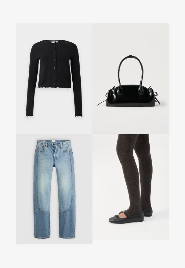 Sort, cropped cardigan lavet af blødt stof med lange ærmer, en rund halsudskæring og fem knaplukninger i front. Kantet med et bølget design.; Lyseblå denimjeans med en lige, løs pasform, der har kontrasterende paneldetaljer og en fem-lommer design. Knap-lukning.; Ben iført mørke ribbede leggings kombineret med sorte balletsko med små sløjfedetaljer på hvid baggrund.; Lille sort blank håndtaske med to lange håndtag og snøre-detaljer i siden på en ensfarvet lys baggrund.