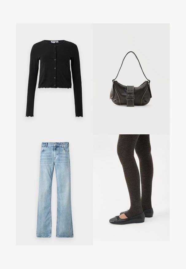 Sort, cropped cardigan lavet af blødt stof med lange ærmer, en rund halsudskæring og fem knaplukninger i front. Kantet med et bølget design.; Lyseblå flagrende jeans lavet af denim, med fem lommer, knaplukning og let blødgøring for en slidt effekt.; Ben iført mørke ribbede leggings kombineret med sorte balletsko med små sløjfedetaljer på hvid baggrund.; Sort læder skuldertaske med spænde på remmen, afrundede kanter og kontrasterende hvide syninger på en ensfarvet baggrund.