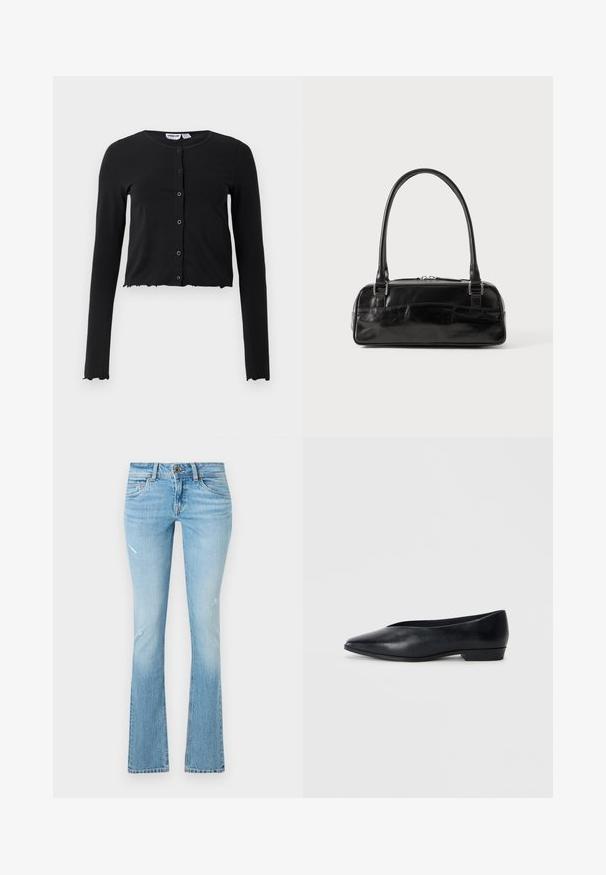 Sort, cropped cardigan lavet af blødt stof med lange ærmer, en rund halsudskæring og fem knaplukninger i front. Kantet med et bølget design.; Lystblå denimflarebukser med let falmning, slidte knædetaljer, fem-lomme design og knaplukning i taljen.; Sorte læder flade sko med spids tå, let hævet hæl og glat overflade. Simpelt design uden synligt hardware eller mønstre.; Sort læderhåndtaske med rektangulær form, der har et enkelt struktureret håndtag, sølvhardware og lynlås-lukning. Glat tekstur.