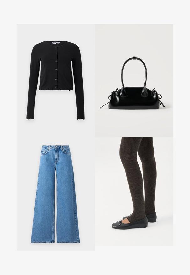 Sort, cropped cardigan lavet af blødt stof med lange ærmer, en rund halsudskæring og fem knaplukninger i front. Kantet med et bølget design.; Vide ben blå denim jeans med høj talje, som har et klassisk fem-lomme design og syninger langs siderne for ekstra detalje.; Ben iført mørke ribbede leggings kombineret med sorte balletsko med små sløjfedetaljer på hvid baggrund.; Lille sort blank håndtaske med to lange håndtag og snøre-detaljer i siden på en ensfarvet lys baggrund.