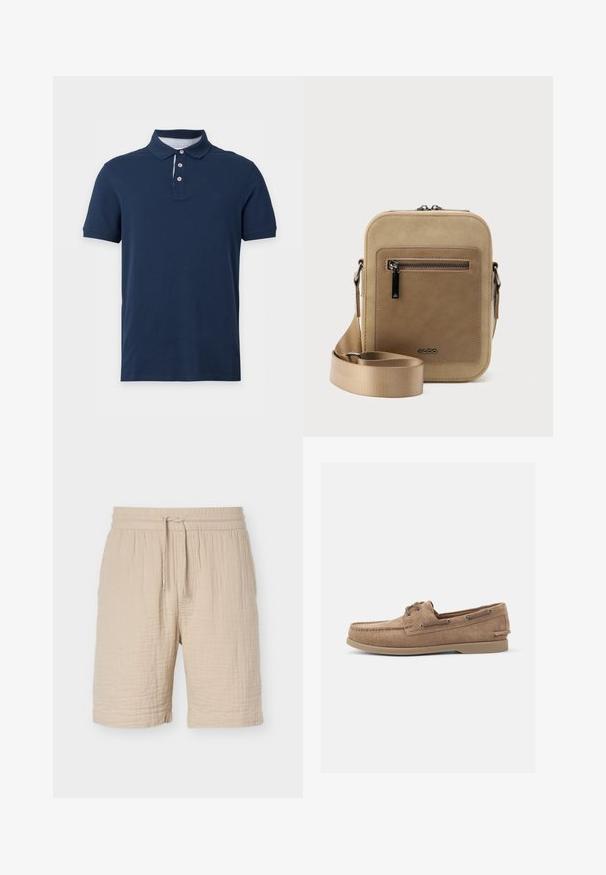 Polo bleu marine à manches courtes avec col et trois boutons, présentant un détail subtil à rayures sur le col intérieur.; Short beige en mélange de coton avec taille élastique, cordon ajustable, tissu texturé et ourlet au genou.; Mocassins en daim de couleur beige avec un design de mocassin, dotés d'œillets en métal et d'une semelle en caoutchouc. Aucune motif ou accent visible.; Petit sac bandoulière beige avec poche avant zippée, logo métallique ALDO, sangle large ajustable et forme rectangulaire arrondie sur fond blanc.