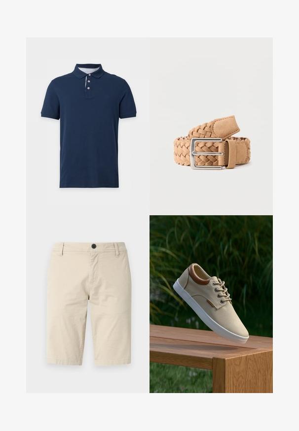 Polo bleu marine à manches courtes avec col et trois boutons, présentant un détail subtil à rayures sur le col intérieur.; Shorts beiges en tissu léger, avec un devant plat, une fermeture à un bouton et deux poches latérales ; texture lisse.; Baskets en toile beige avec des accents en cuir marron, des lacets ronds, une semelle en caoutchouc blanche et une surface texturée, présentées sur une surface en bois.; Ceinture tressée en daim marron clair avec une boucle rectangulaire en métal argenté, roulée sur un fond uni clair.