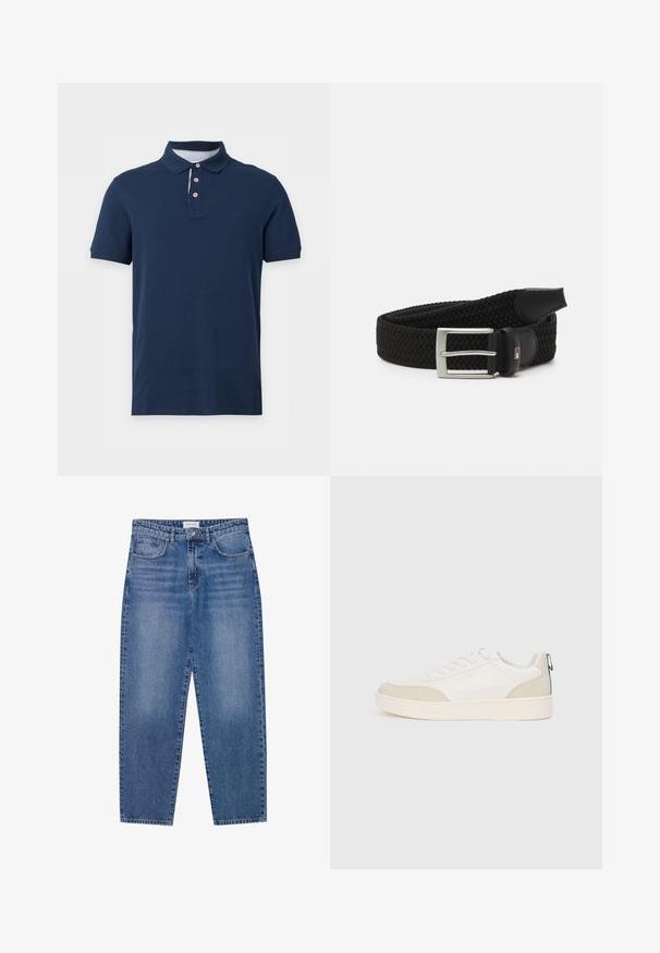 Marineblå kortærmet polo med krave og tre knapper, med en diskret stribet detalje på den indvendige krave.; Blå denim jeans med høj talje, lige ben design og slidte finish. Har fem lommer og en knaplukning.; Hvide sneakers med beige ruskind detaljer, flade snørebånd og en tekstureret gummisål. Inkluderer en grøn løkke på hælen.; Sort vævet bælte med et struktureret design, der har en sølvmetalspænde og et læderdetalje. Bæltet har et fleksibelt, strækbart materiale.