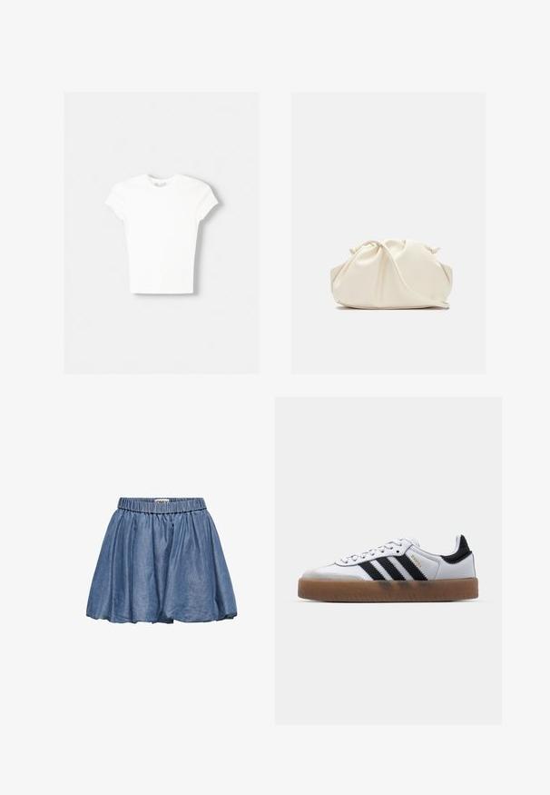 Witte t-shirt met korte mouwen van zachte katoen, met een ronde halslijn en een getailleerde vorm. Geen zichtbare patronen of versieringen.; Denim rok met een elastische tailleband, uitlopende ontwerp en een lichtblauwe kleur. Heeft een zachte textuur en geplooide stof.; Witte leren sneakers met zwarte strepen, gumrubberen buitenzool, ronde neus, vetersluiting en een zachte grijze suède neuskap.; Zachte, crèmekleurige leren clutch met geplooid, gerimpeld ontwerp en een dunne schouderriem die vooraan op een effen achtergrond ligt.